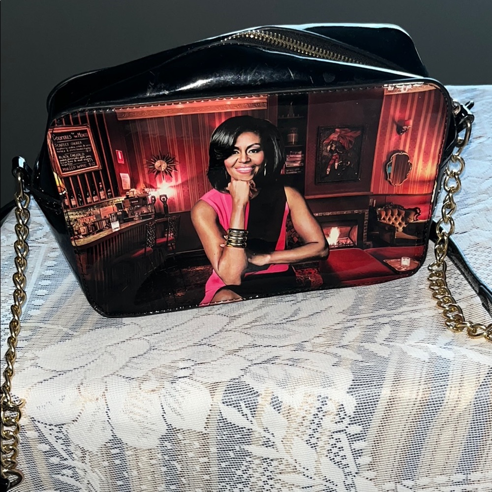 Black & Pink Michelle Obama Crossbody Bag with Gold Chain